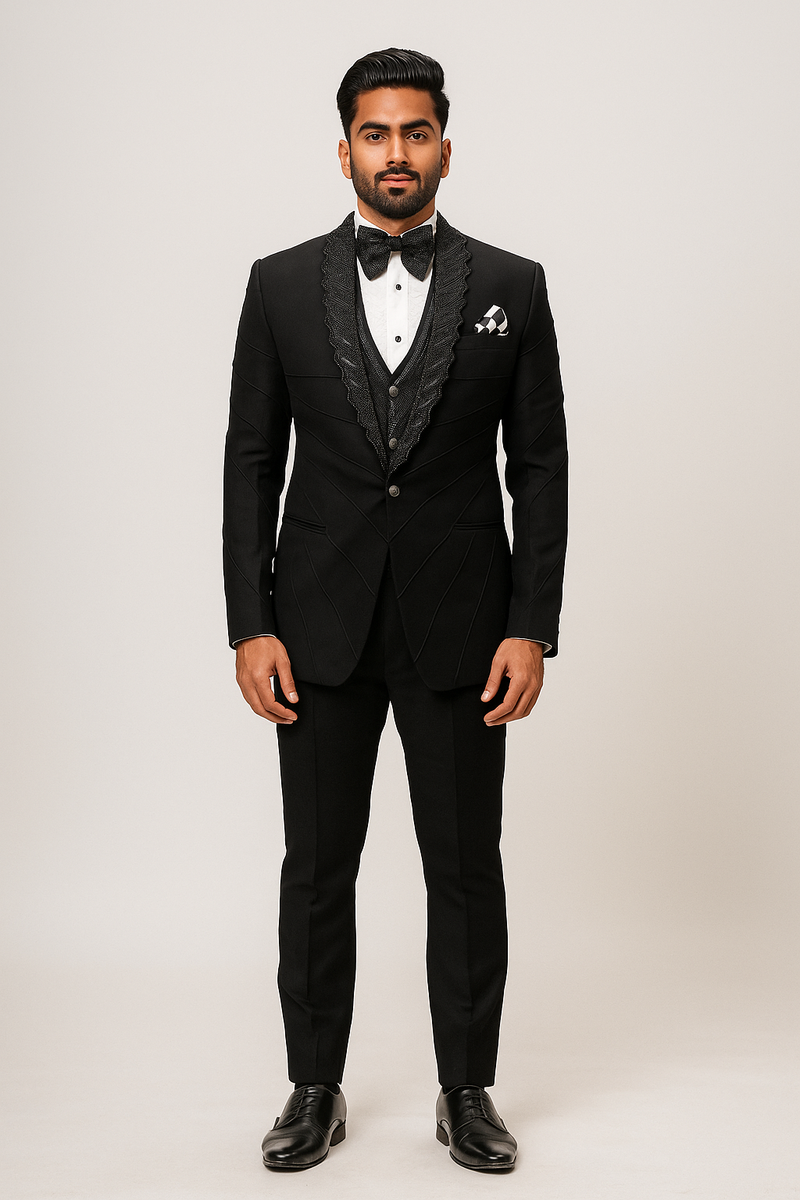 Black Tuxedo Suit with Intricate Threadwork Lapel