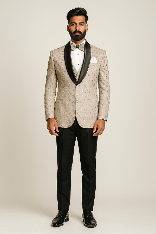 Beige and Black Tuxedo Suit