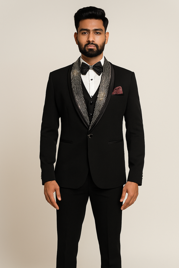 Black Tuxedo with Silver Beaded Shawl Lapel