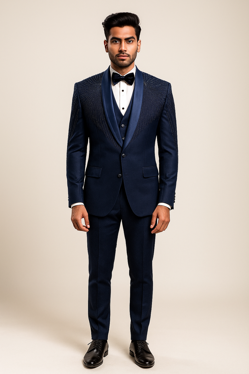 Navy Blue Tuxedo Suit with Beaded Shoulder