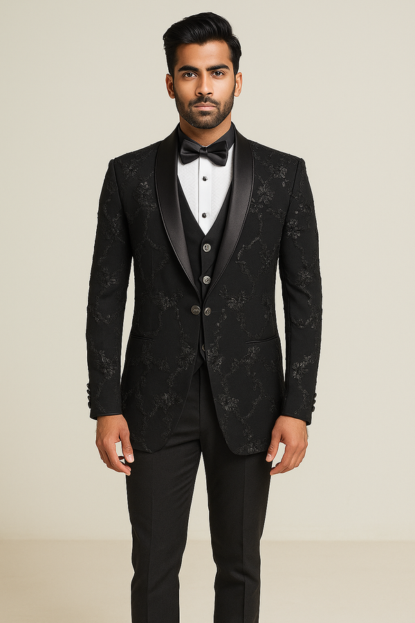 Black Tuxedo with Black Floral Jacquard